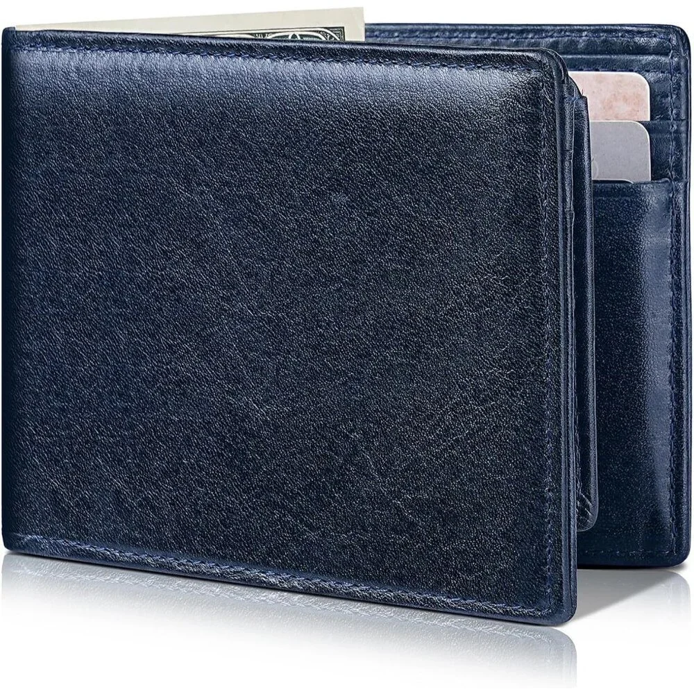 Men's Classic Bifold Wallet Card Navy Blue Style Genuine Leather 2 Cash Pockets